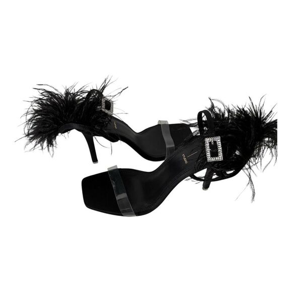 BLACK SUEDE STUDIO Trinity Satin Leather Ostrich Feather Black Sandals Size 10 - Picture 2 of 9